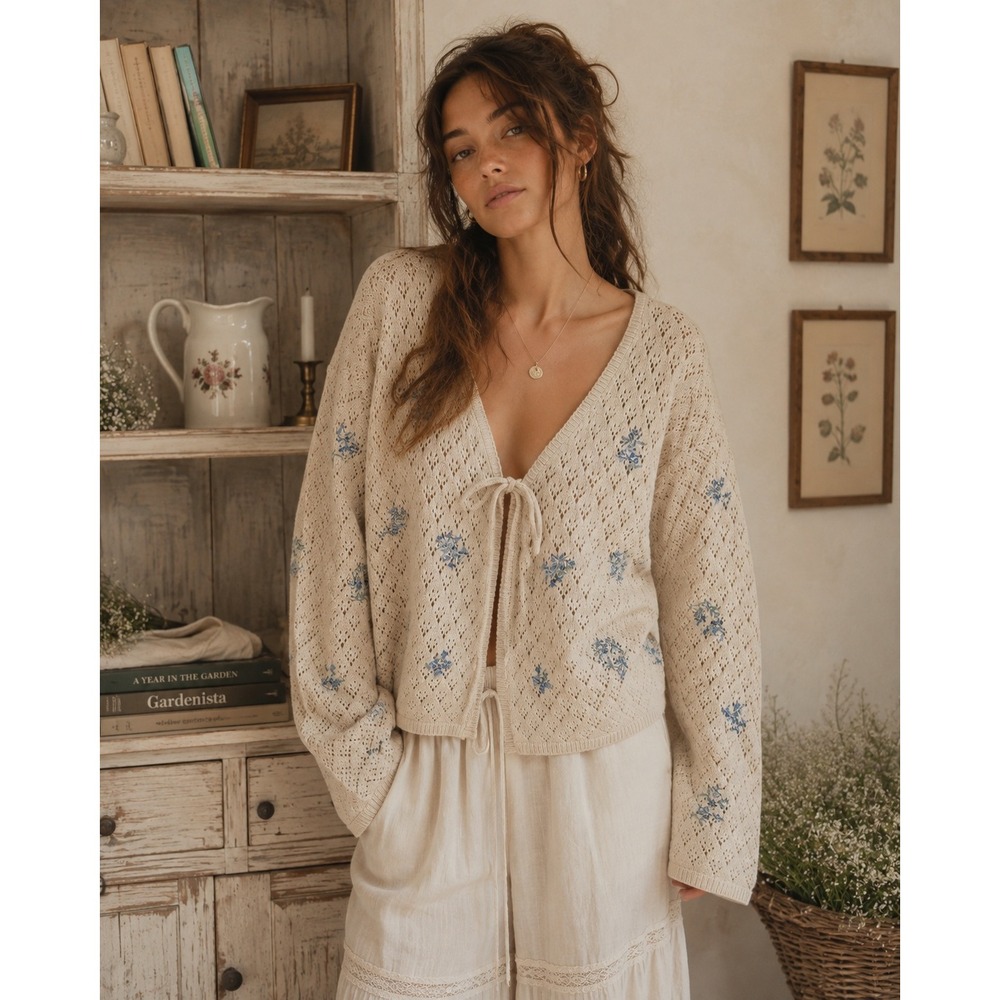 Cream Crochet Floral Embroidered Cardigan XL Tie Front Boho Cottage Romantic 90s